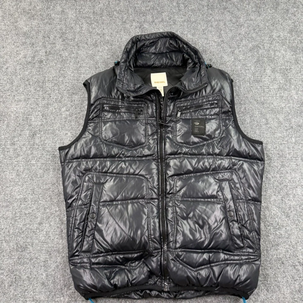 Diesel Puffer Vest XL Black Quilted Zip Front‎ Sleeveless Jacket Mens